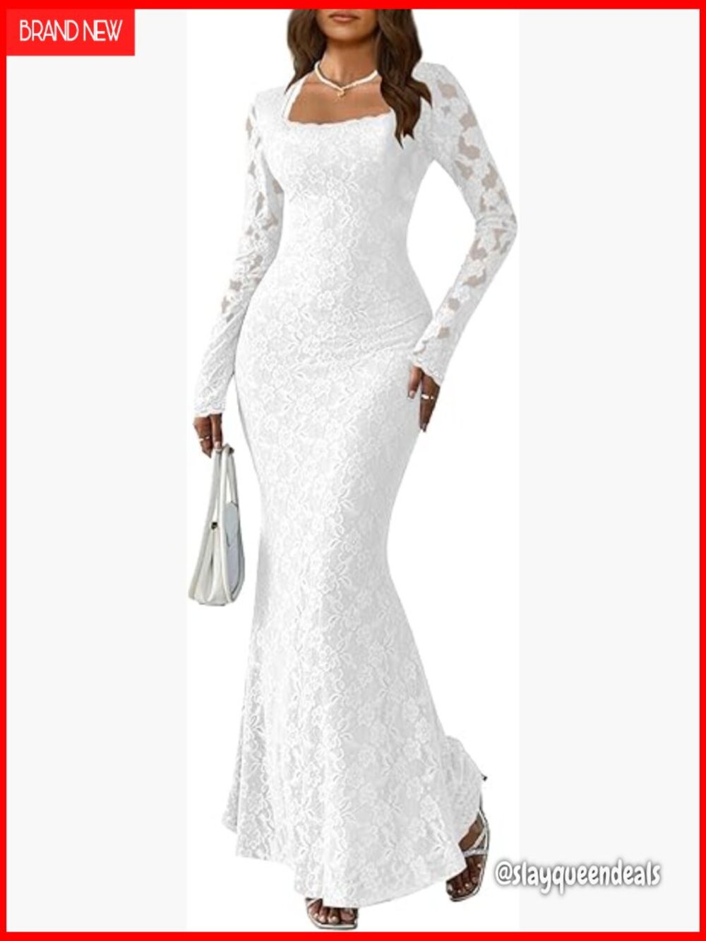 Women Bodycon Maxi Dress Square Neck Long Sleeve Floral Lace Wedding Guest